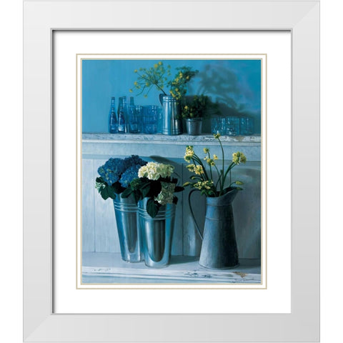 Stillife with silver pots White Modern Wood Framed Art Print with Double Matting by Demmick, James