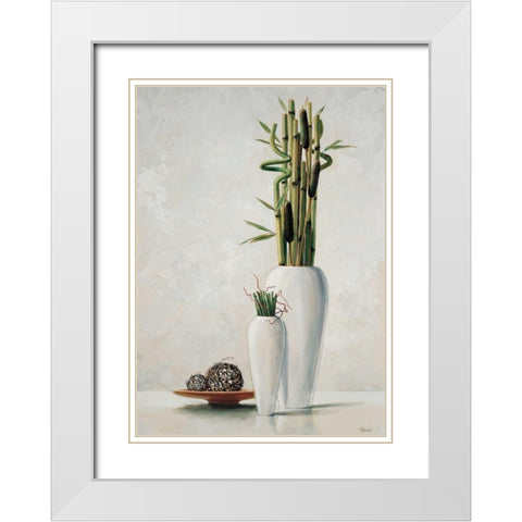 Bamboo in white vase I White Modern Wood Framed Art Print with Double Matting by Renee
