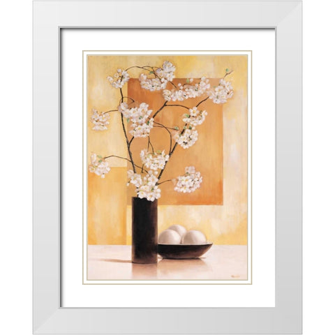 White blossom I White Modern Wood Framed Art Print with Double Matting by Renee