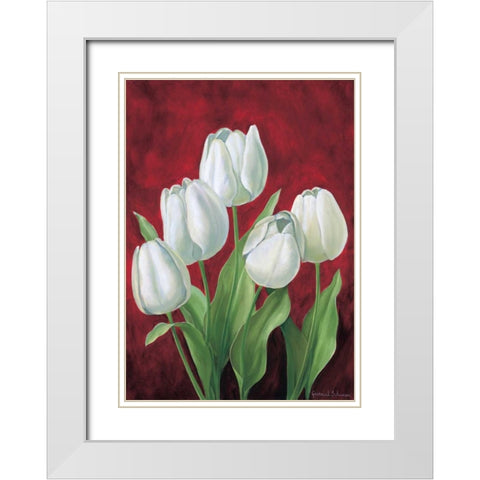 Tulips on burdundy II White Modern Wood Framed Art Print with Double Matting by Schweser, Gertrud