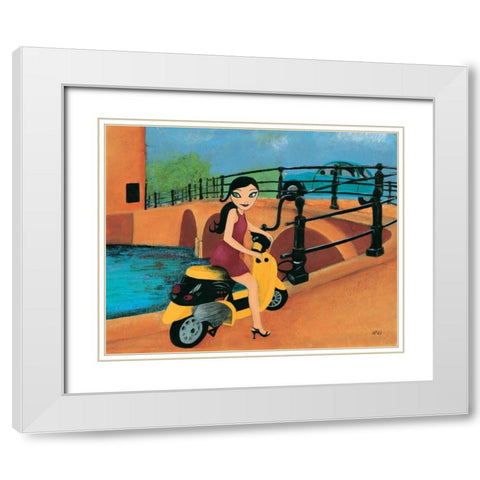 Scooter fun III White Modern Wood Framed Art Print with Double Matting by Hedy