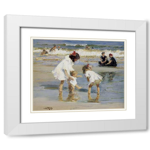 Children Playing At The Seashore White Modern Wood Framed Art Print with Double Matting by Potthast, Edward Henry