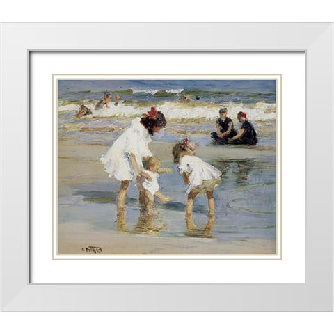 Children Playing At The Seashore White Modern Wood Framed Art Print with Double Matting by Potthast, Edward Henry