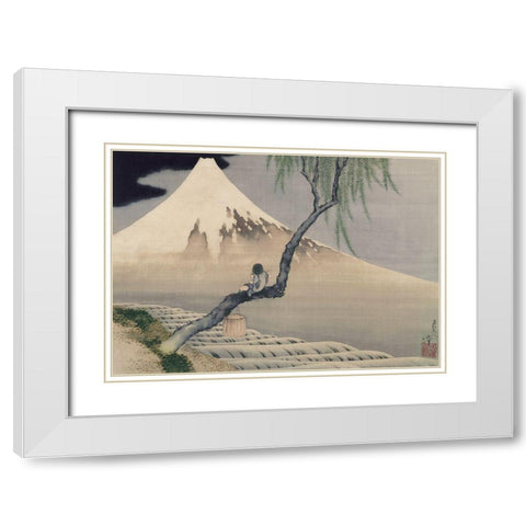 Boy Viewing Mount Fuji, 1839 White Modern Wood Framed Art Print with Double Matting by Hokusai, Katsushika