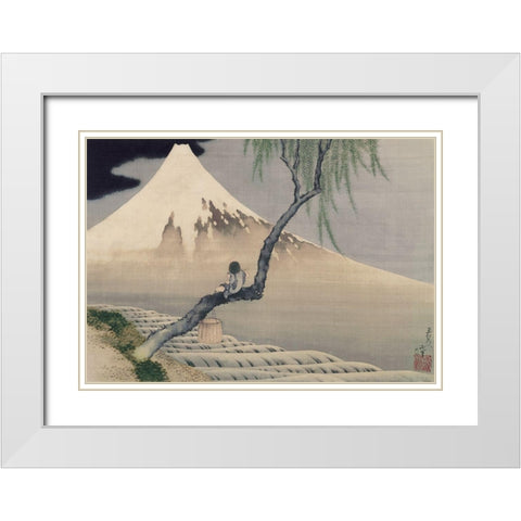 Boy Viewing Mount Fuji, 1839 White Modern Wood Framed Art Print with Double Matting by Hokusai, Katsushika