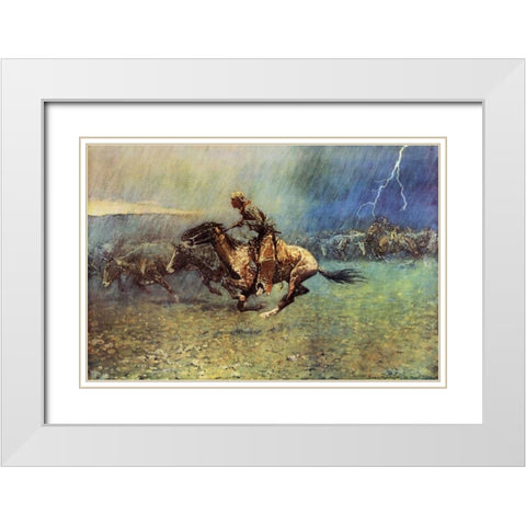 The Stampede White Modern Wood Framed Art Print with Double Matting by Remington, Frederic