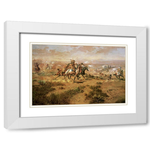 The Attack On The Wagon Train White Modern Wood Framed Art Print with Double Matting by Russell, Charles M.