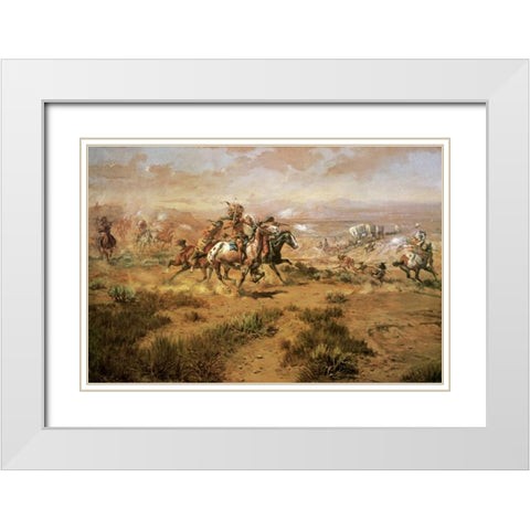 The Attack On The Wagon Train White Modern Wood Framed Art Print with Double Matting by Russell, Charles M.