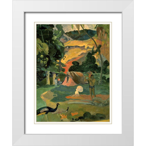 Landscape with Peacock White Modern Wood Framed Art Print with Double Matting by Gauguin, Paul