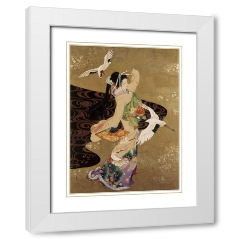 Dance Of Cranes White Modern Wood Framed Art Print with Double Matting by Morita, Haruyo