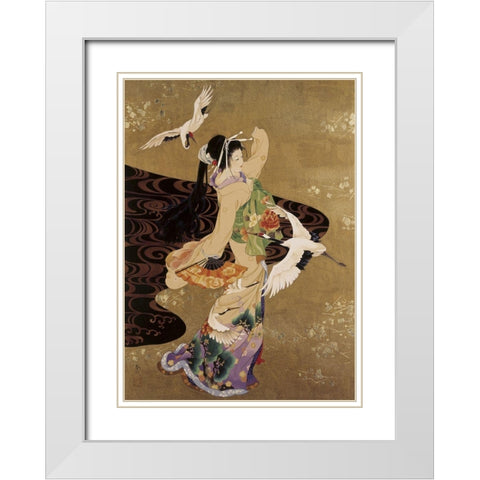 Dance Of Cranes White Modern Wood Framed Art Print with Double Matting by Morita, Haruyo