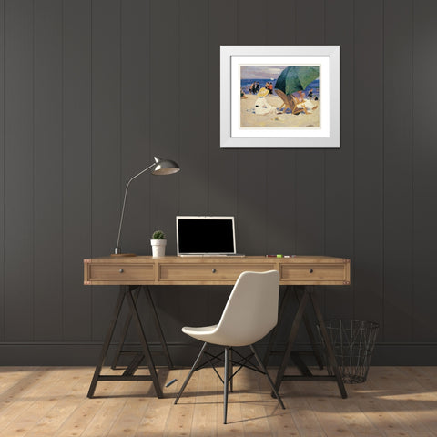 Green Umbrella White Modern Wood Framed Art Print with Double Matting by Potthast, Edward Henry