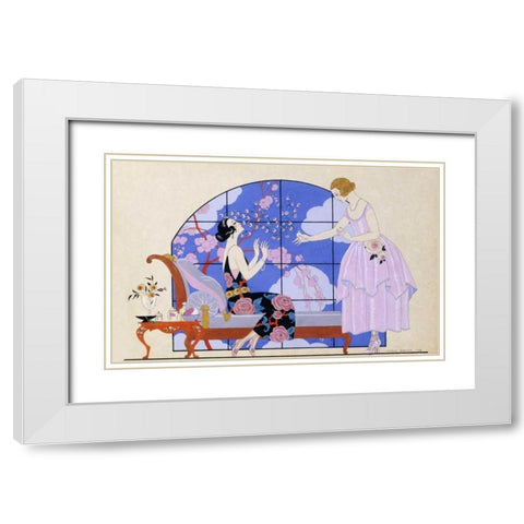Two Ladies In a Salon White Modern Wood Framed Art Print with Double Matting by Barbier, Georges