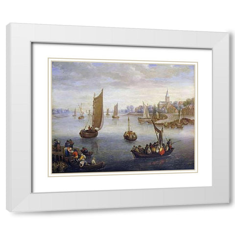 A River Landscape With Ferry Boats a Village Beyond White Modern Wood Framed Art Print with Double Matting by Beschey, Charles
