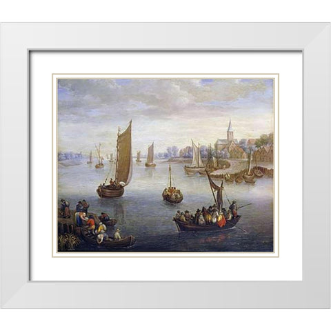 A River Landscape With Ferry Boats a Village Beyond White Modern Wood Framed Art Print with Double Matting by Beschey, Charles