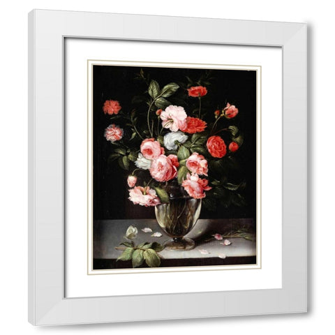 Roses and Carnations In a Glass Vase On a Stone Ledge White Modern Wood Framed Art Print with Double Matting by Brueghel, Ambrosius