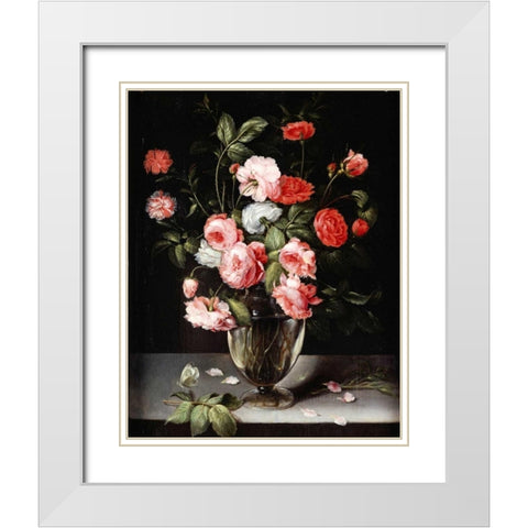Roses and Carnations In a Glass Vase On a Stone Ledge White Modern Wood Framed Art Print with Double Matting by Brueghel, Ambrosius