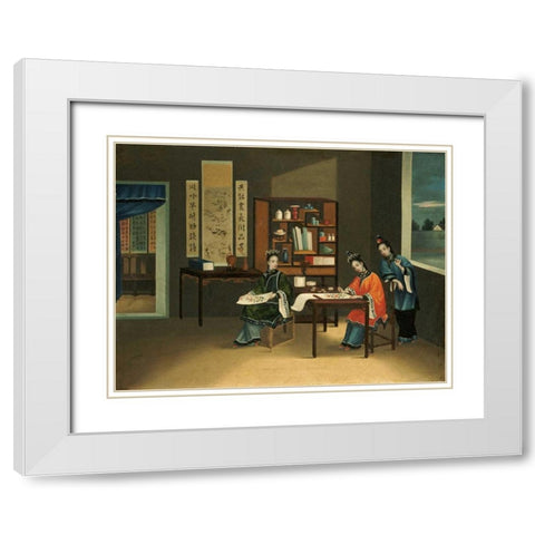 An Interior With a Woman Painting Flowers White Modern Wood Framed Art Print with Double Matting by Chinese School