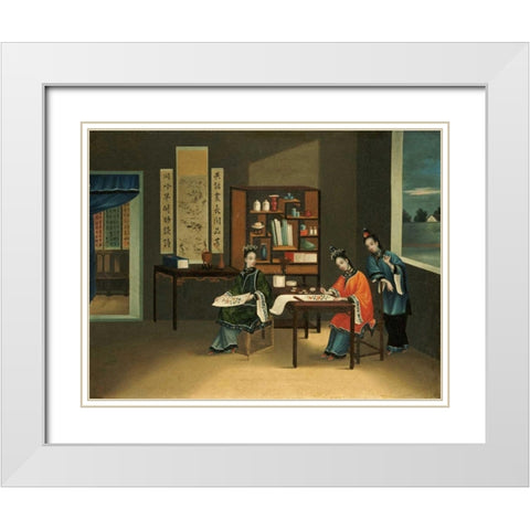 An Interior With a Woman Painting Flowers White Modern Wood Framed Art Print with Double Matting by Chinese School