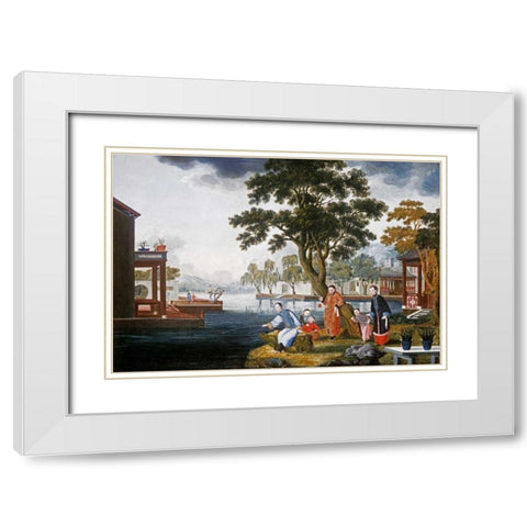 Summer: a Family Fishing By a Lake White Modern Wood Framed Art Print with Double Matting by Chinese School