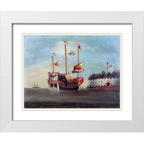 War Junks Off Folly Forts In The South China Sea White Modern Wood Framed Art Print with Double Matting by Chinese School