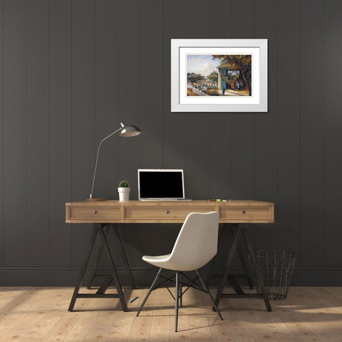 Chinese Ladies Playing Mahjong In The Pavilion of a House White Modern Wood Framed Art Print with Double Matting by Chinese School