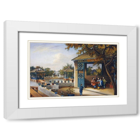 Chinese Ladies Playing Mahjong In The Pavilion of a House White Modern Wood Framed Art Print with Double Matting by Chinese School