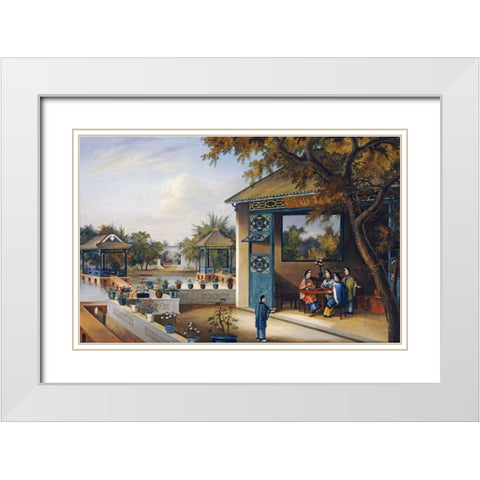 Chinese Ladies Playing Mahjong In The Pavilion of a House White Modern Wood Framed Art Print with Double Matting by Chinese School