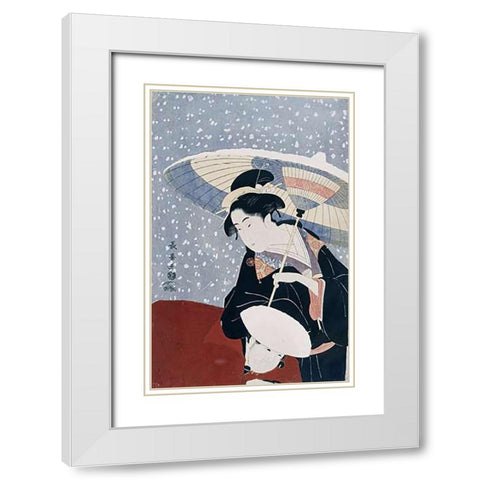 A Manservant Clearing The Geta of a Beauty On a Winters Day White Modern Wood Framed Art Print with Double Matting by Choki, Eishosai