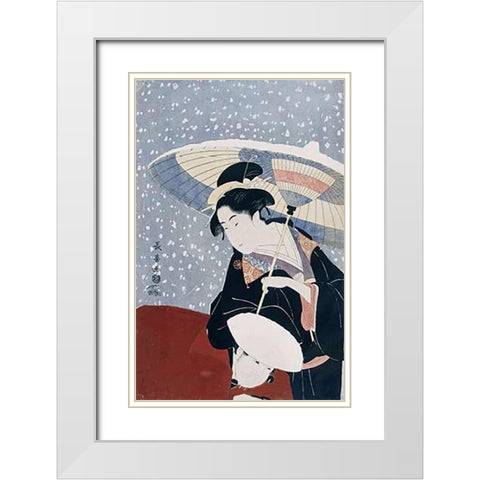 A Manservant Clearing The Geta of a Beauty On a Winters Day White Modern Wood Framed Art Print with Double Matting by Choki, Eishosai
