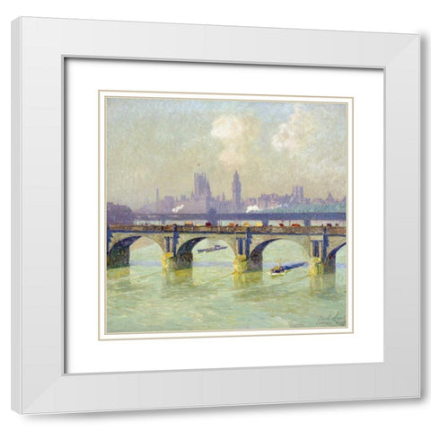Waterloo Bridge and Hungerford Bridge With The Houses of Parliament Beyond White Modern Wood Framed Art Print with Double Matting by Claus, Emile