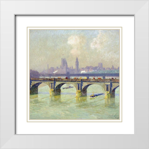 Waterloo Bridge and Hungerford Bridge With The Houses of Parliament Beyond White Modern Wood Framed Art Print with Double Matting by Claus, Emile