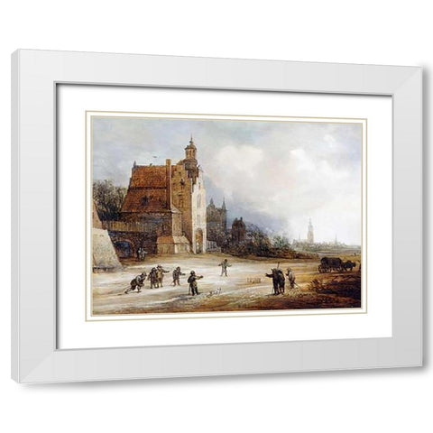 Soldiers Playing Skittles On a Road White Modern Wood Framed Art Print with Double Matting by De Momper, Frans