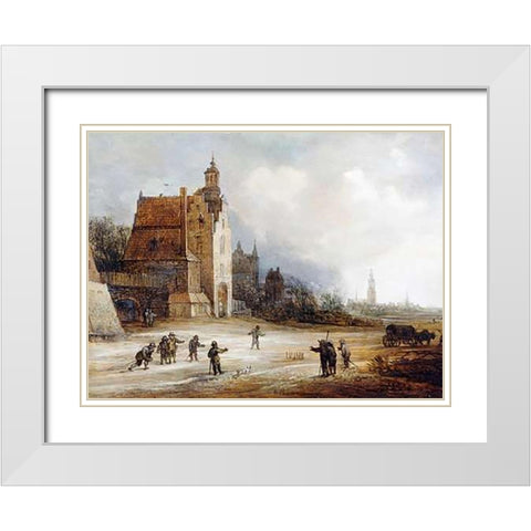 Soldiers Playing Skittles On a Road White Modern Wood Framed Art Print with Double Matting by De Momper, Frans