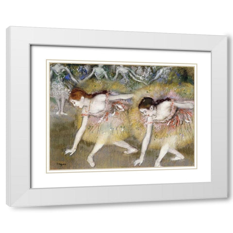 Dancers Bending Down White Modern Wood Framed Art Print with Double Matting by Degas, Edgar