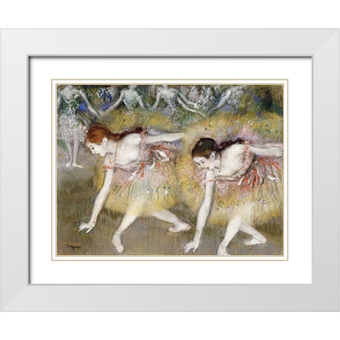 Dancers Bending Down White Modern Wood Framed Art Print with Double Matting by Degas, Edgar