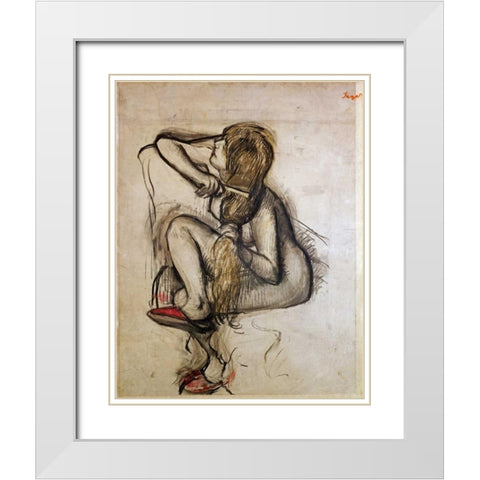 Woman Combing Her Hair White Modern Wood Framed Art Print with Double Matting by Degas, Edgar