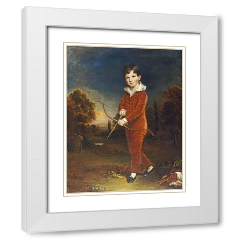 Young Boy In a Red Suit, Holding a Bow and Arrow White Modern Wood Framed Art Print with Double Matting by Devis, Arthur William