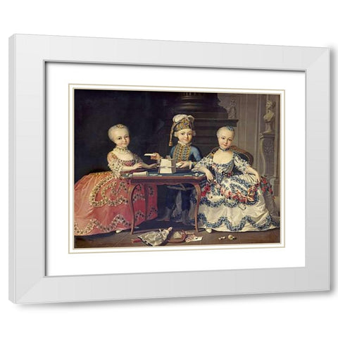 Boy In Blue Building a House of Cards, With Two Girls White Modern Wood Framed Art Print with Double Matting by Drouais, Francois-Hubert