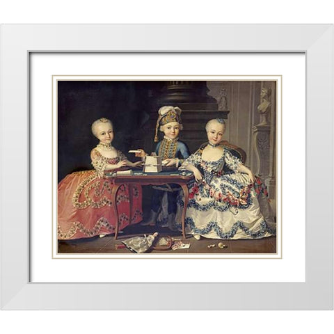 Boy In Blue Building a House of Cards, With Two Girls White Modern Wood Framed Art Print with Double Matting by Drouais, Francois-Hubert