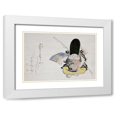Ebisu Dancing With a Poem. Hanging Scroll White Modern Wood Framed Art Print with Double Matting by Ekaku, Hakuin