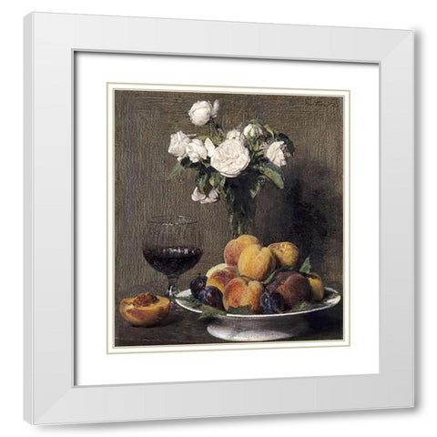 Still Life With Roses, Fruits and a Glass of Wine White Modern Wood Framed Art Print with Double Matting by Latour, Henri Fantin
