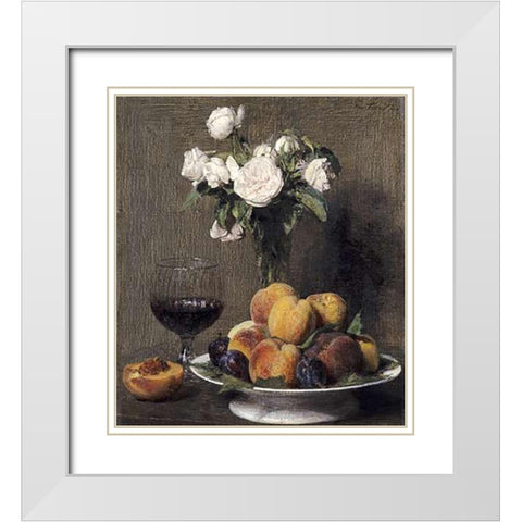 Still Life With Roses, Fruits and a Glass of Wine White Modern Wood Framed Art Print with Double Matting by Latour, Henri Fantin