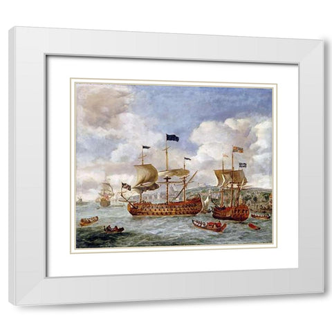 Queen Annes Visit To Greenwich White Modern Wood Framed Art Print with Double Matting by Griffier, Jan