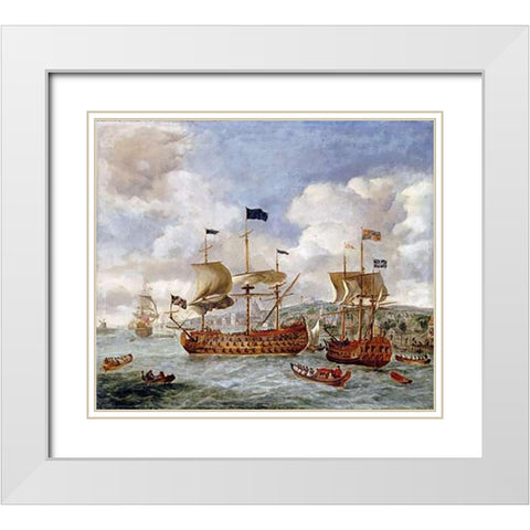 Queen Annes Visit To Greenwich White Modern Wood Framed Art Print with Double Matting by Griffier, Jan