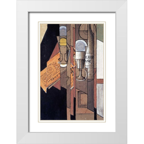 Glasses, a Newspaper and a Bottle of Wine White Modern Wood Framed Art Print with Double Matting by Gris, Juan