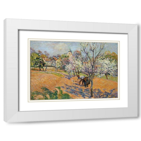 Two Peasants Sowing Haricots In An Orchard In Blossom White Modern Wood Framed Art Print with Double Matting by Guillaumin, Armand
