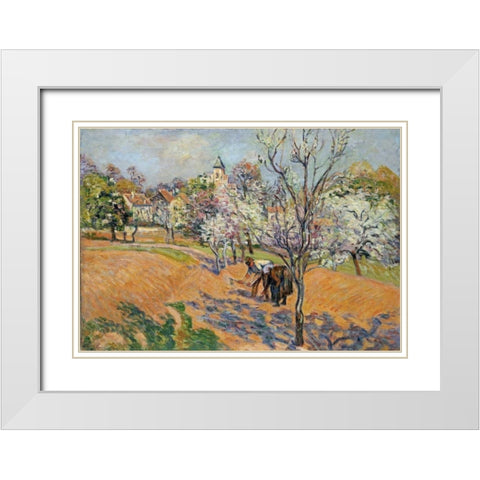 Two Peasants Sowing Haricots In An Orchard In Blossom White Modern Wood Framed Art Print with Double Matting by Guillaumin, Armand