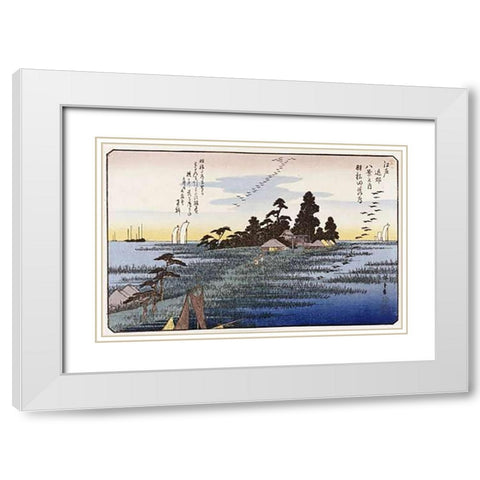 Descending Geese at Haneda White Modern Wood Framed Art Print with Double Matting by Hiroshige