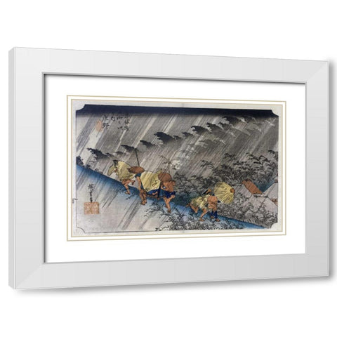 Driving Rain, Shono White Modern Wood Framed Art Print with Double Matting by Hiroshige